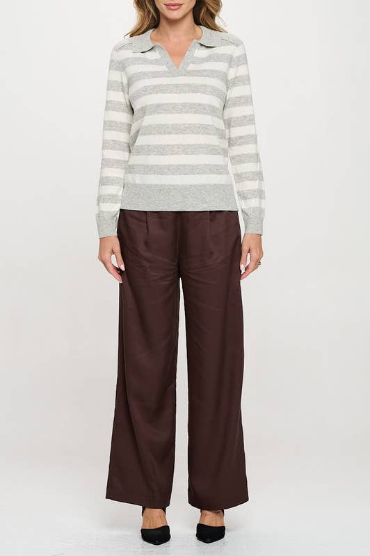 Striped Knit Polo Collar neck Long Sleeve Top