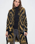 Tribal Print Cardigan with Fringe Detail and Tie