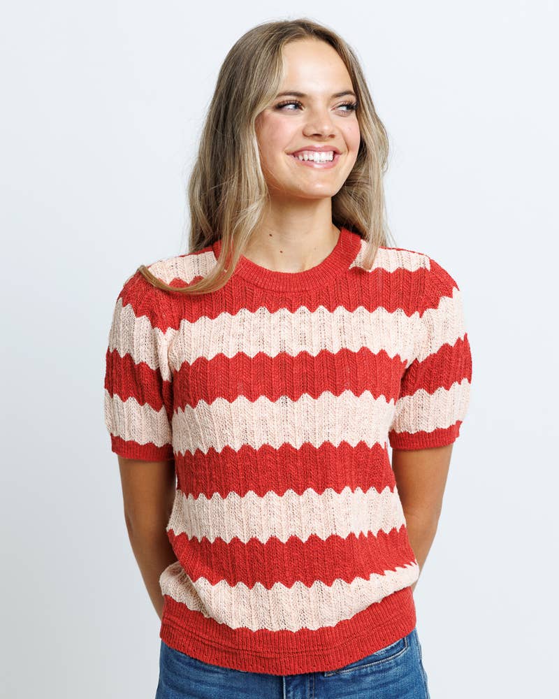 Tropez Red Striped Short Sleeve Pullover Sweater