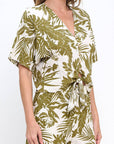 Made in USA Linen Tropical Print V neck Top with Front Tie
