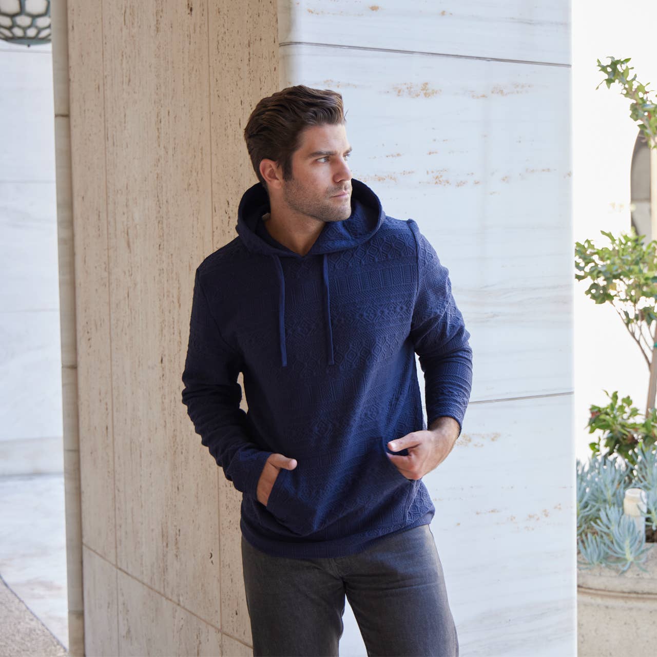 Tobias Textured Tonal Stretch Kangaroo Pocket Hoodie - Navy