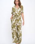 Made in USA Linen Tropical Print V neck Top with Front Tie