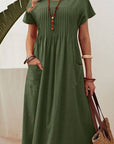 Round neck pocket pleated cotton and linen dress