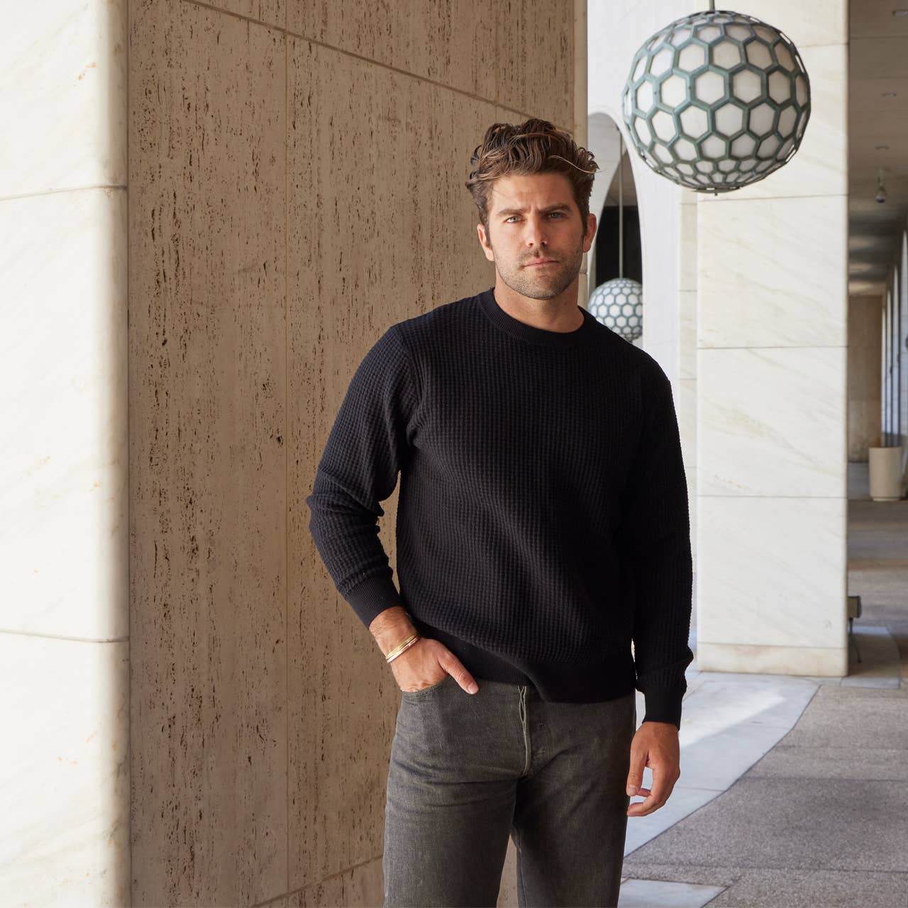 Allen Solid Textured 100% Cotton Sweater -Black