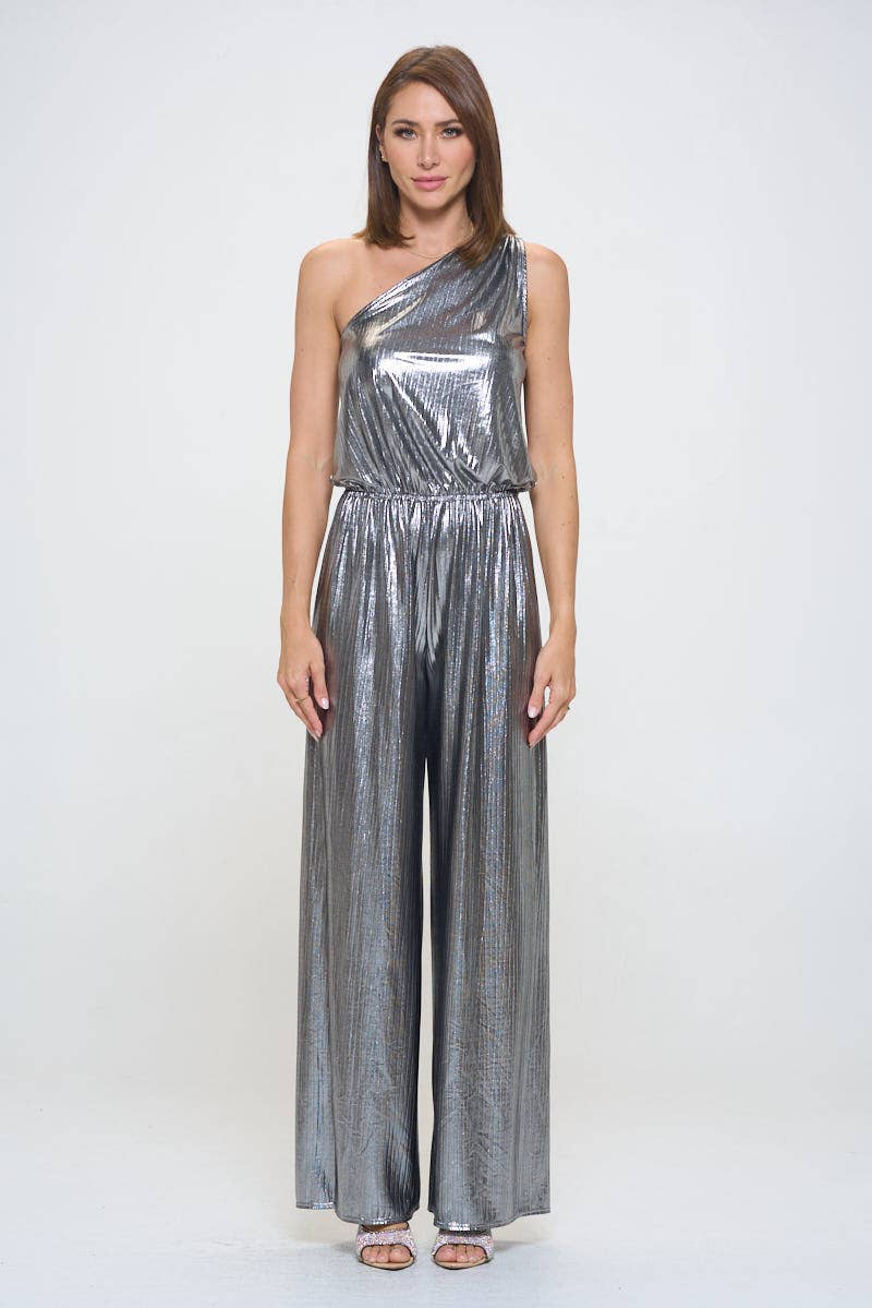 Made in USA Metallic One Shoulder Wide Leg Jumpsuit