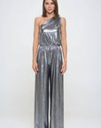 Made in USA Metallic One Shoulder Wide Leg Jumpsuit