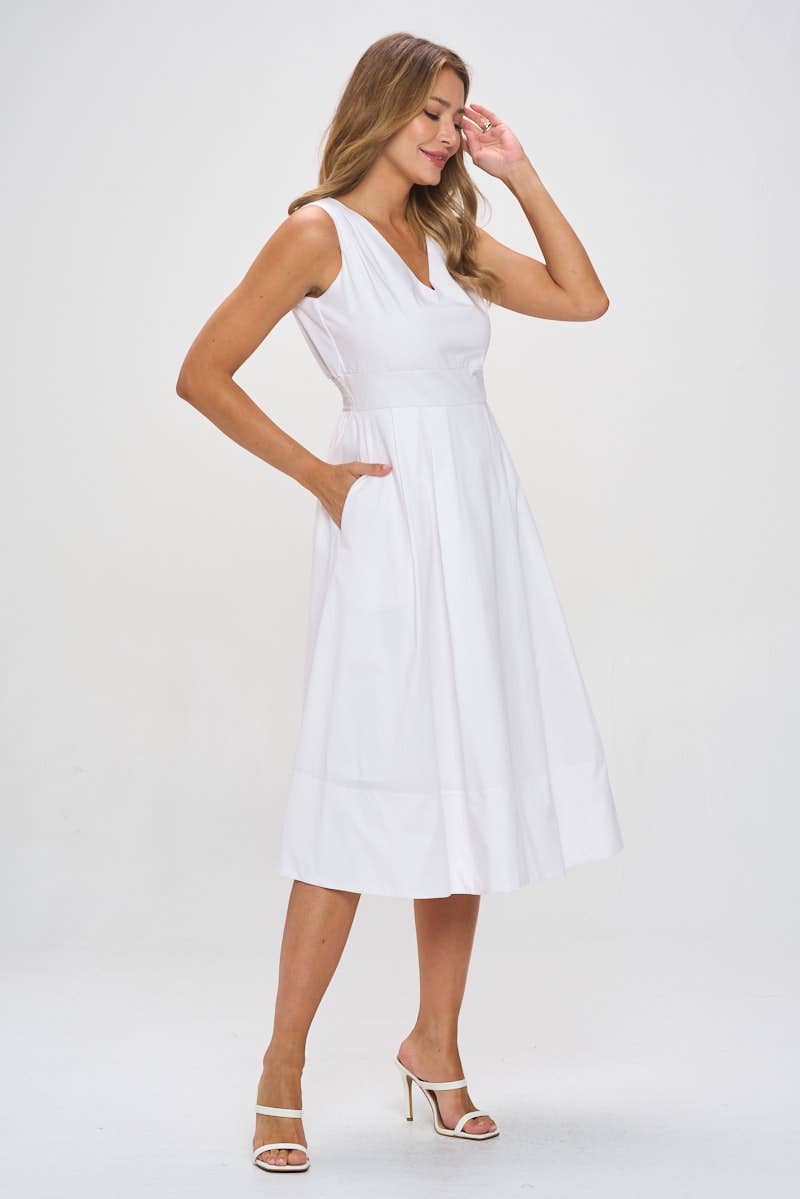 Cotton Poplin V neck Midi Dress with Pockets