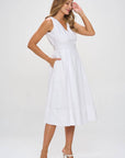 Cotton Poplin V neck Midi Dress with Pockets