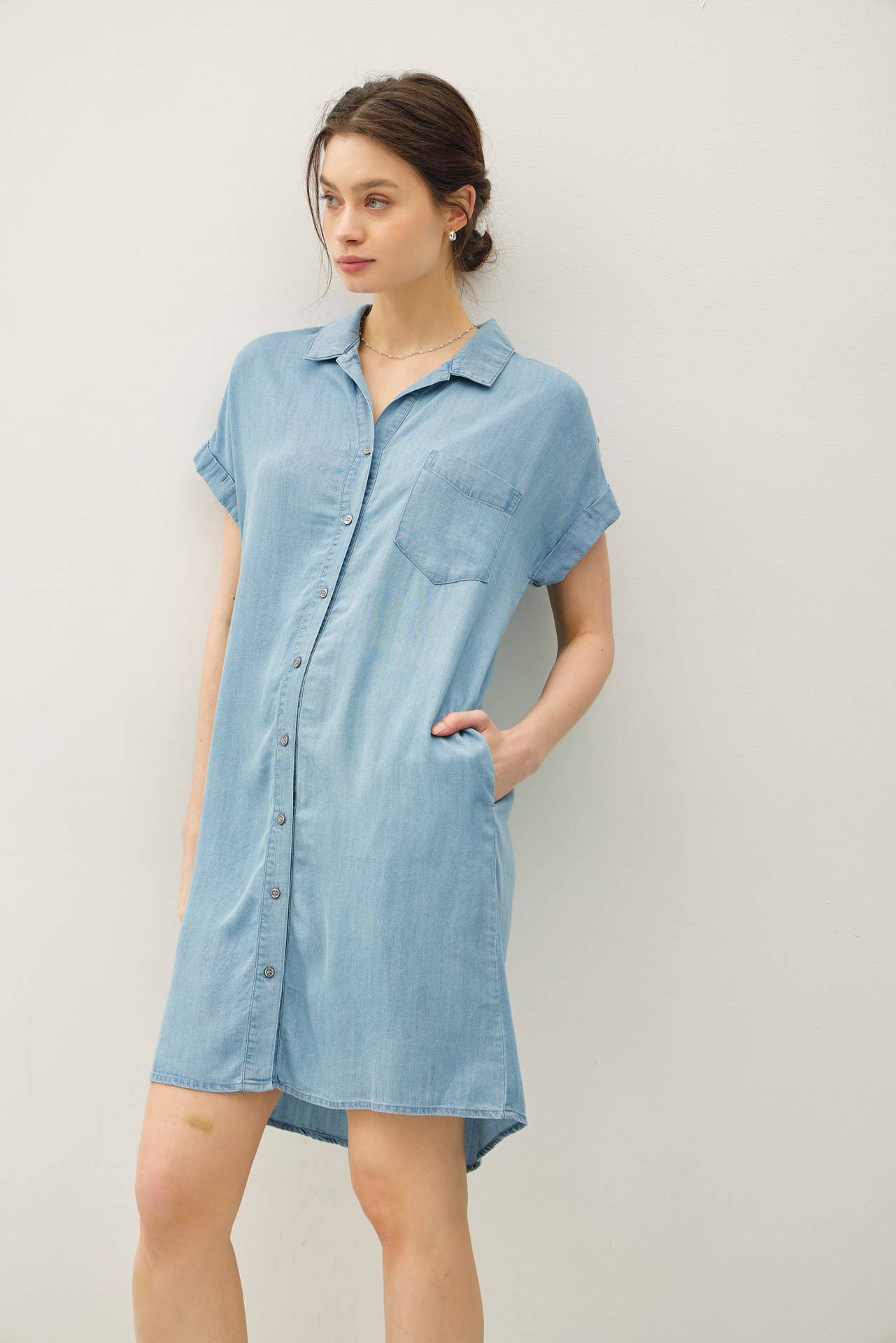 DENIM WASH BUTTON DOWN TENCEL DRESS : MED WASH / S DENIM WASH BUTTON DOWN TENCEL DRESS : MED WASH / S