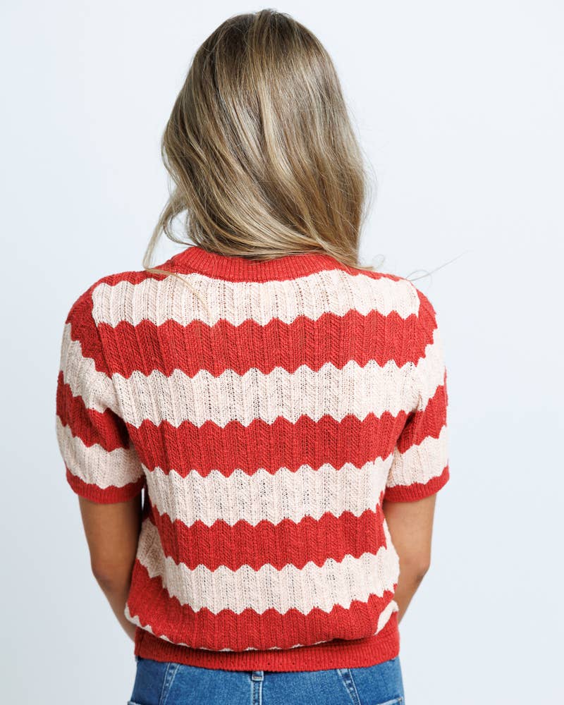 Tropez Red Striped Short Sleeve Pullover Sweater