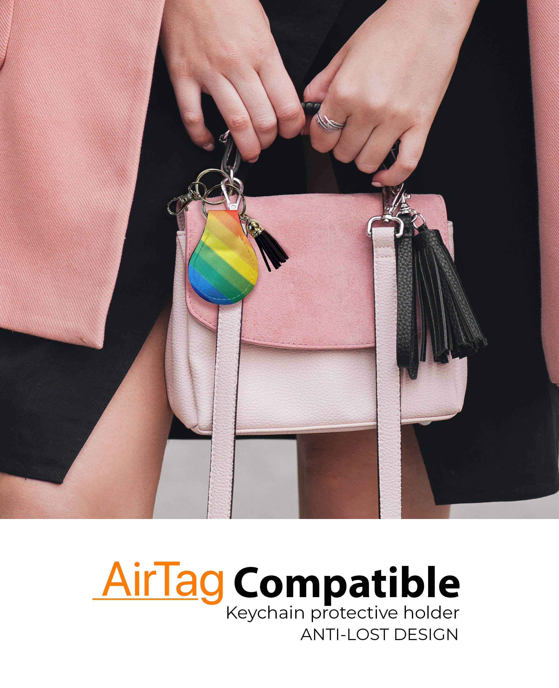Neoprene AirTag Compatible Case Keychain – Rainbow Stripe