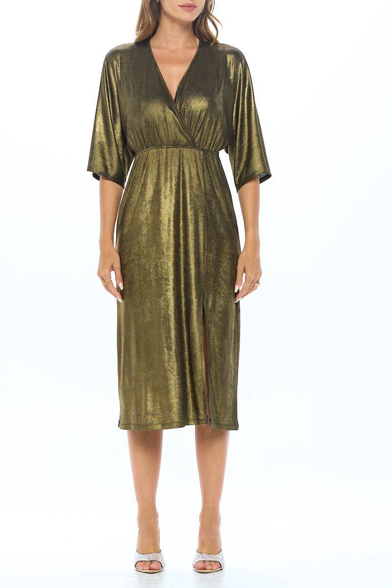 metallic kimono dress Made in USA Lurex Metallic Kimono V neck Dress with Slit