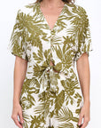 Made in USA Linen Tropical Print V neck Top with Front Tie