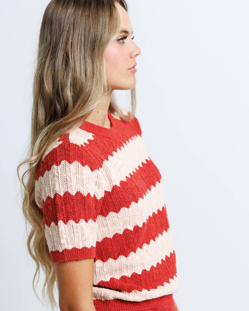 Tropez Red Striped Short Sleeve Pullover Sweater