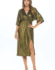 Made in USA Lurex Metallic Kimono V neck Dress with Slit