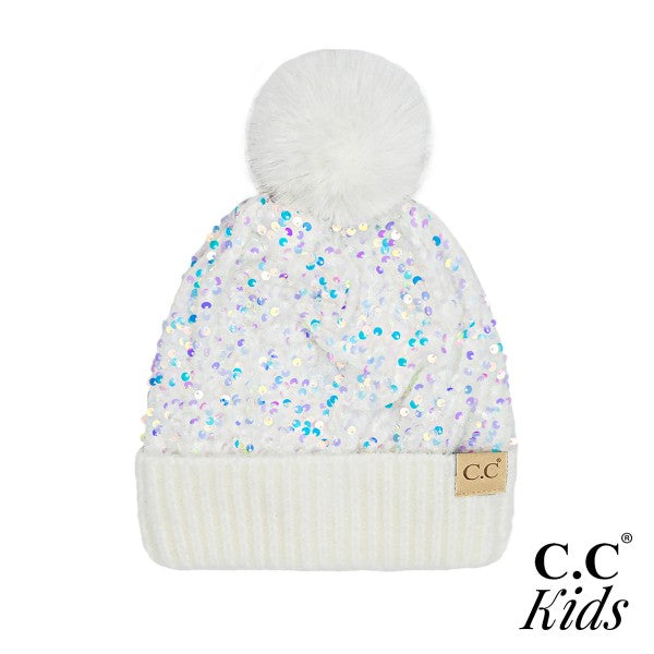 Kid's Sequin Fur Pom Beanie