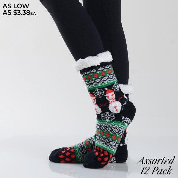 Women's Assorted Christmas Snowman Print Sherpa Socks