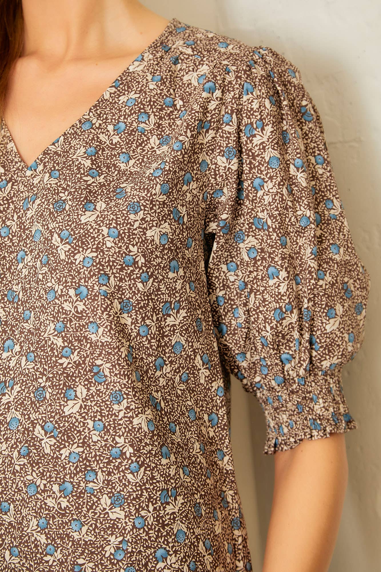 Smocked Sleeve Blouse with Vneck