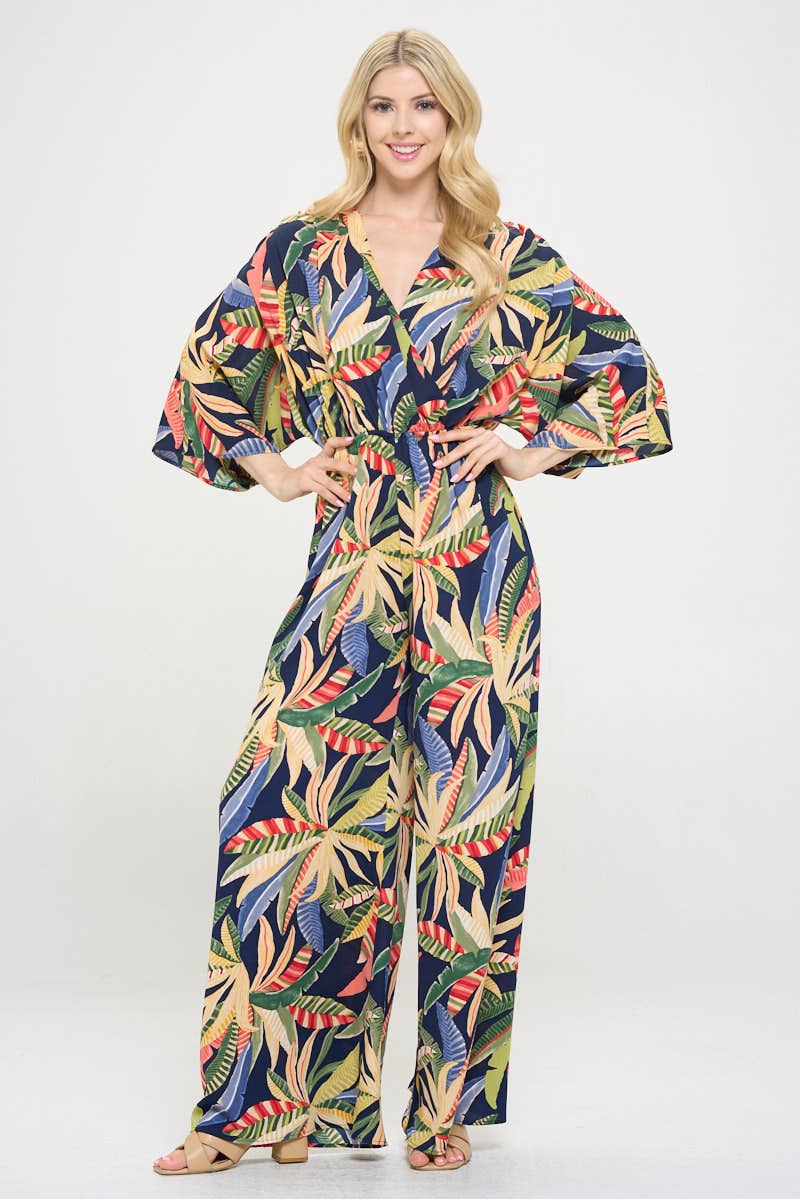 Made in USA Tropical Print V neck Wide Leg Jumpsuit