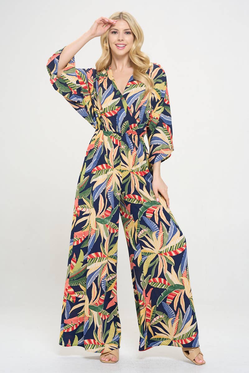 Made in USA Tropical Print V neck Wide Leg Jumpsuit