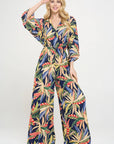 Made in USA Tropical Print V neck Wide Leg Jumpsuit