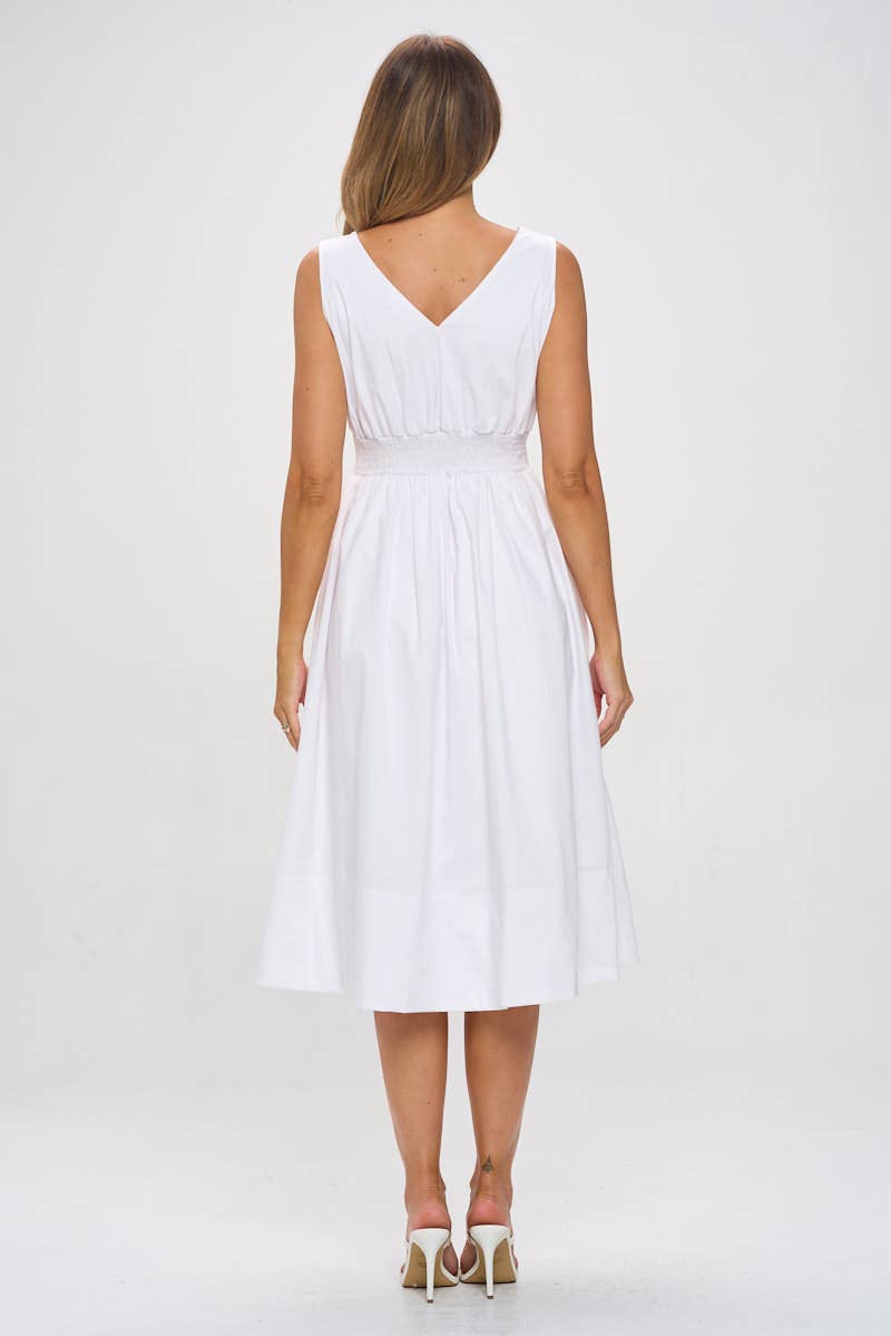 Cotton Poplin V neck Midi Dress with Pockets