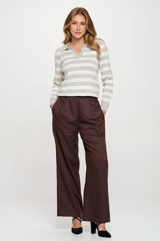 Striped Knit Polo Collar neck Long Sleeve Top