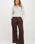 Striped Knit Polo Collar neck Long Sleeve Top
