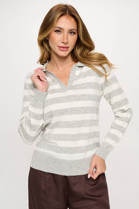 Striped Knit Polo Collar neck Long Sleeve Top
