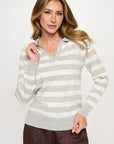 Striped Knit Polo Collar neck Long Sleeve Top