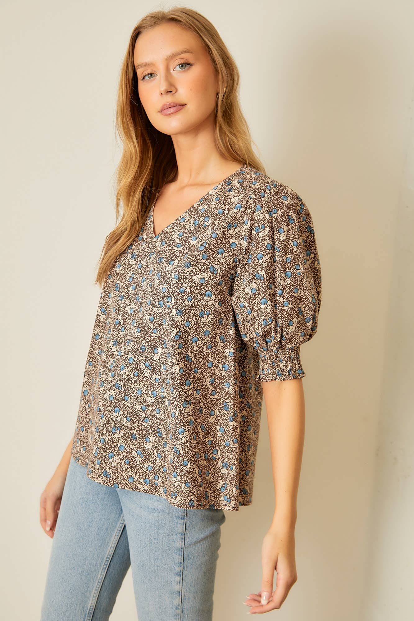 Smocked Sleeve Blouse with Vneck