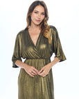 Made in USA Lurex Metallic Kimono V neck Dress with Slit