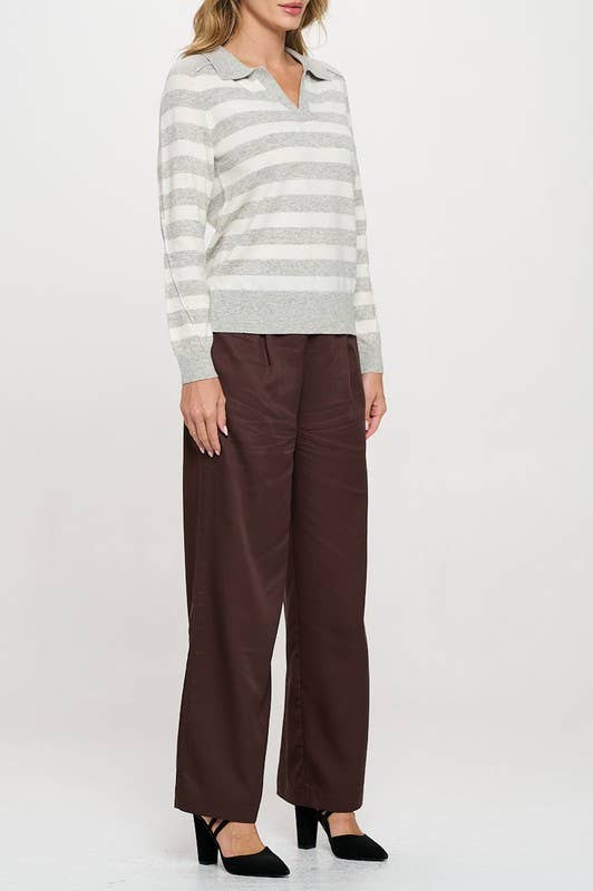 Striped Knit Polo Collar neck Long Sleeve Top