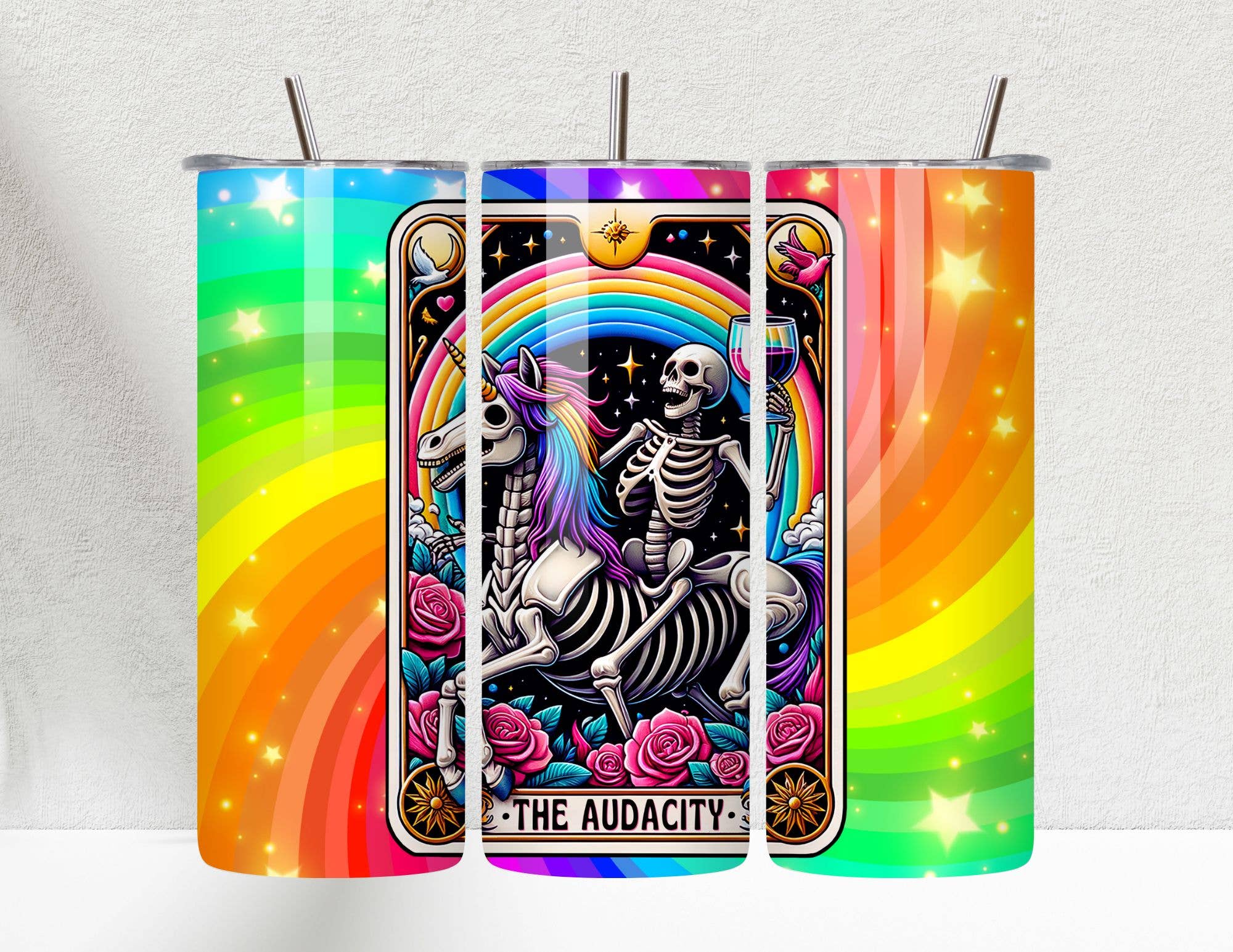 The Audacity Tarot Rainbow Unicorn Pride 20oz Skinny Tumbler