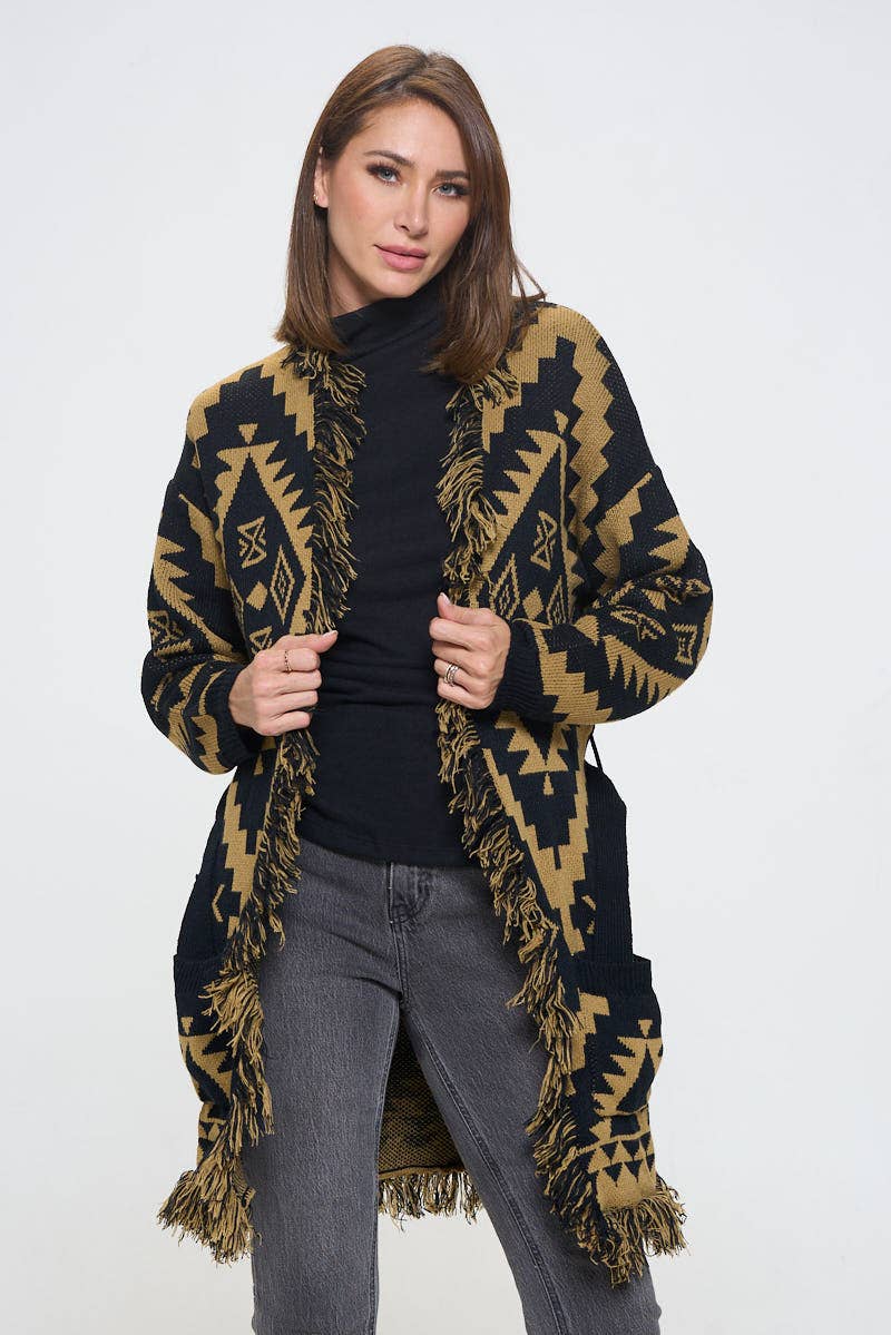Tribal Print Cardigan with Fringe Detail and Tie - Main Image
