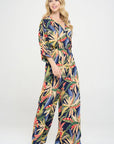 Made in USA Tropical Print V neck Wide Leg Jumpsuit