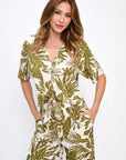 Made in USA Linen Tropical Print V neck Top with Front Tie