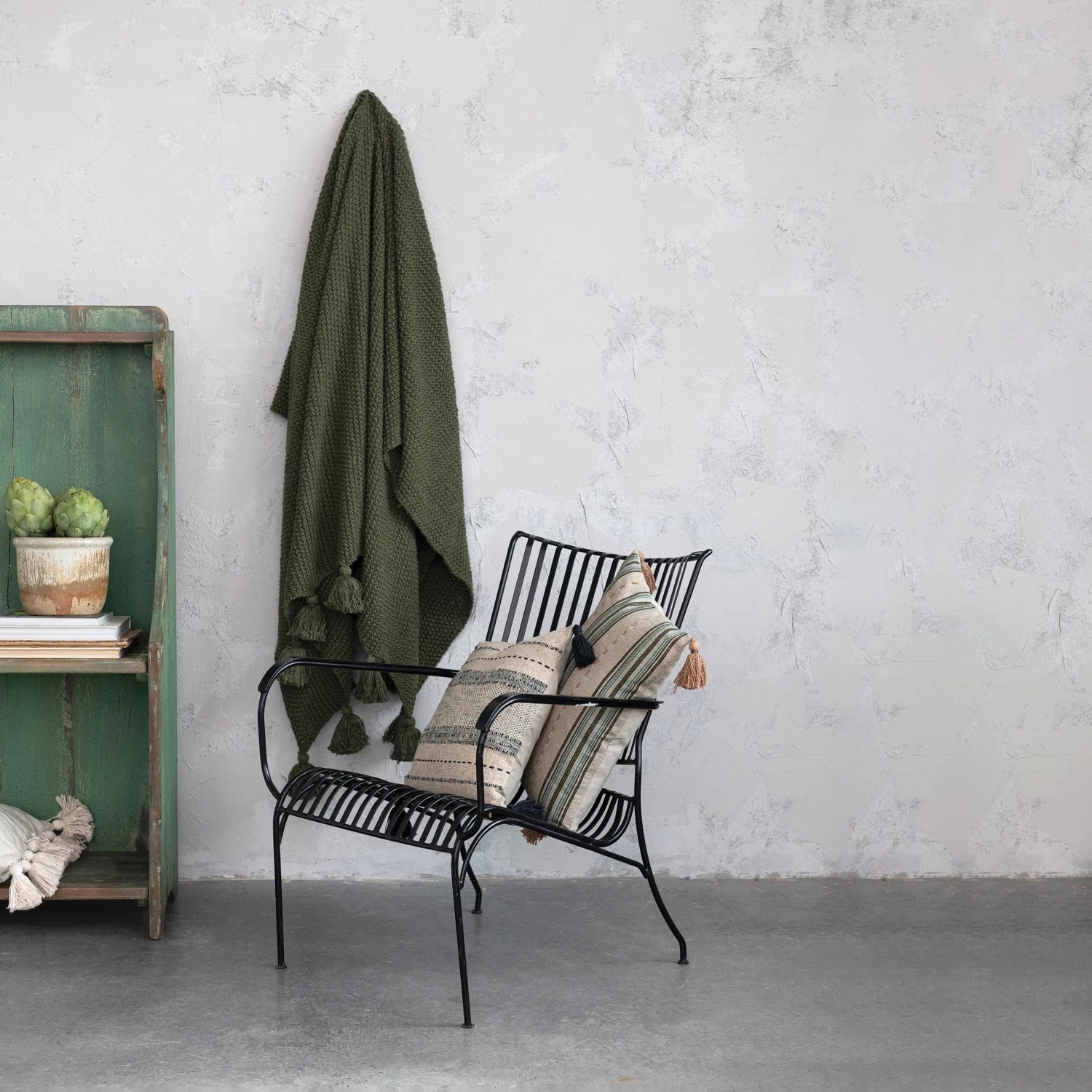 Cotton Knit Throw w/Tassels (Olive)
