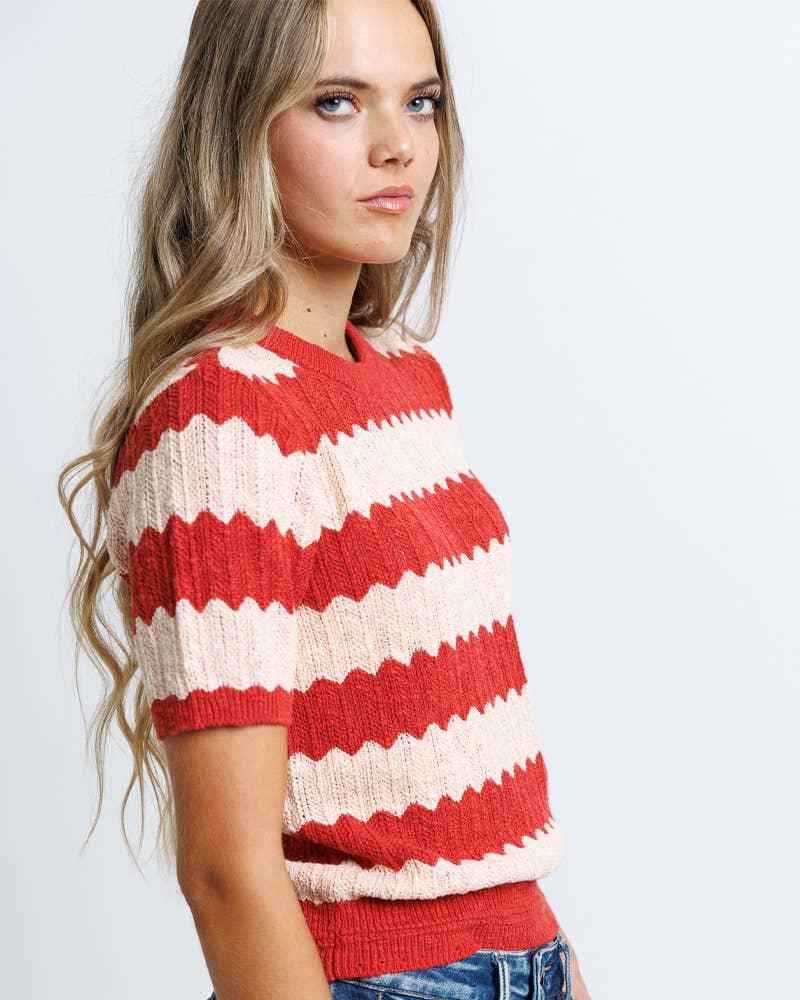 Tropez Red Striped Short Sleeve Pullover Sweater