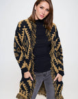 Tribal Print Cardigan with Fringe Detail and Tie