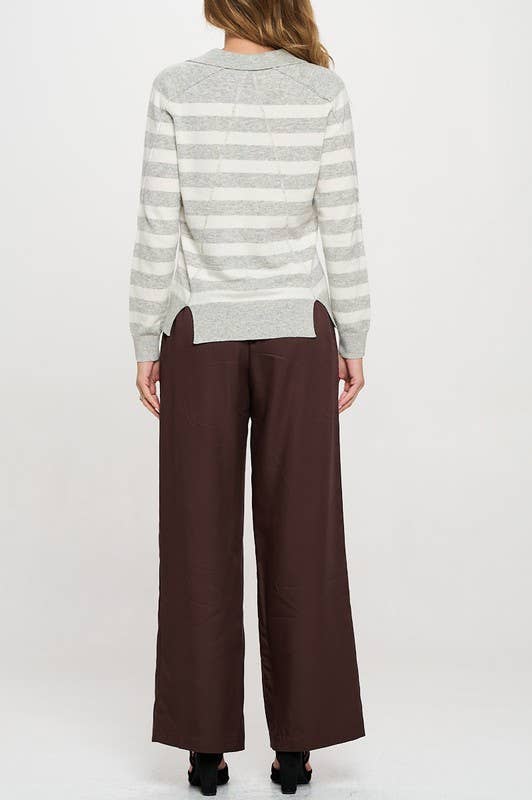 Striped Knit Polo Collar neck Long Sleeve Top