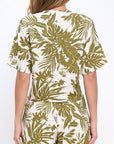 Made in USA Linen Tropical Print V neck Top with Front Tie