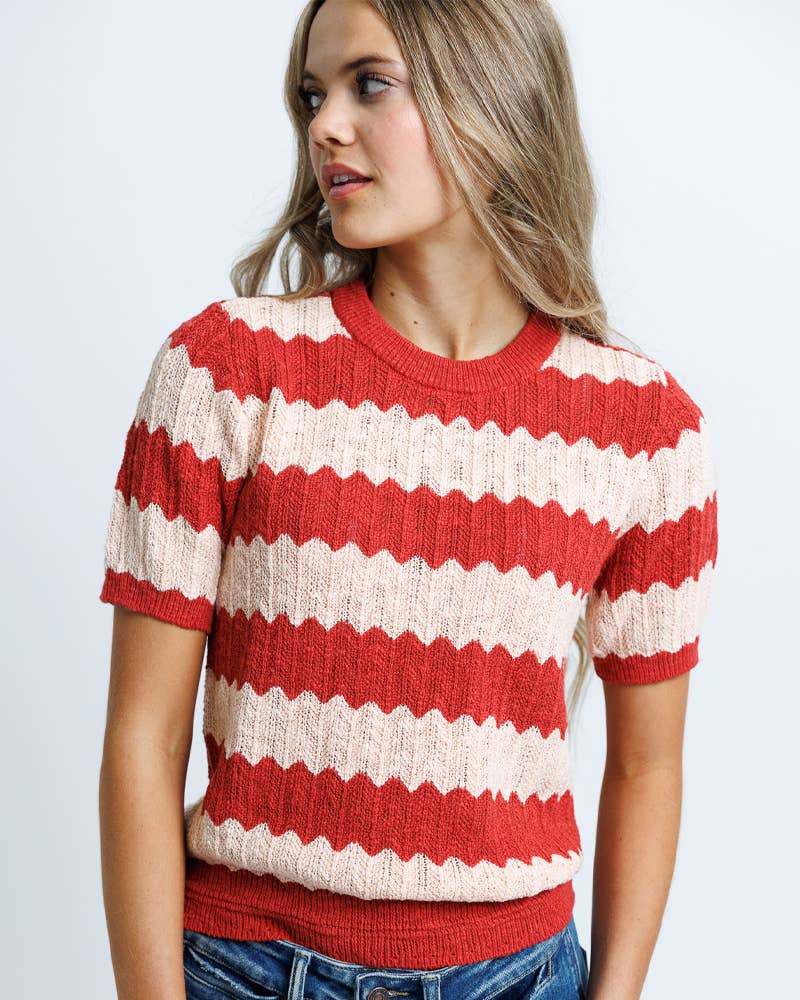 Tropez Red Striped Short Sleeve Pullover Sweater
