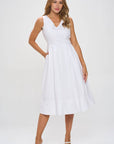 Cotton Poplin V neck Midi Dress with Pockets
