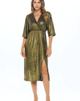 Made in USA Lurex Metallic Kimono V neck Dress with Slit