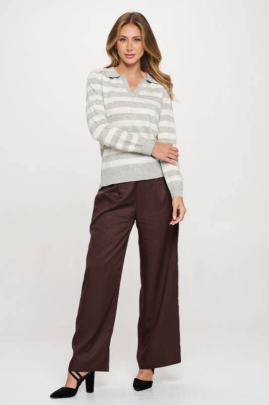 Striped Knit Polo Collar neck Long Sleeve Top