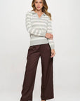 Striped Knit Polo Collar neck Long Sleeve Top