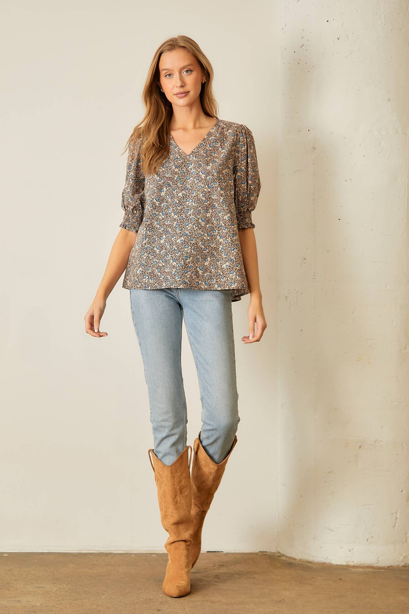Smocked Sleeve Blouse with Vneck