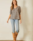 Smocked Sleeve Blouse with Vneck