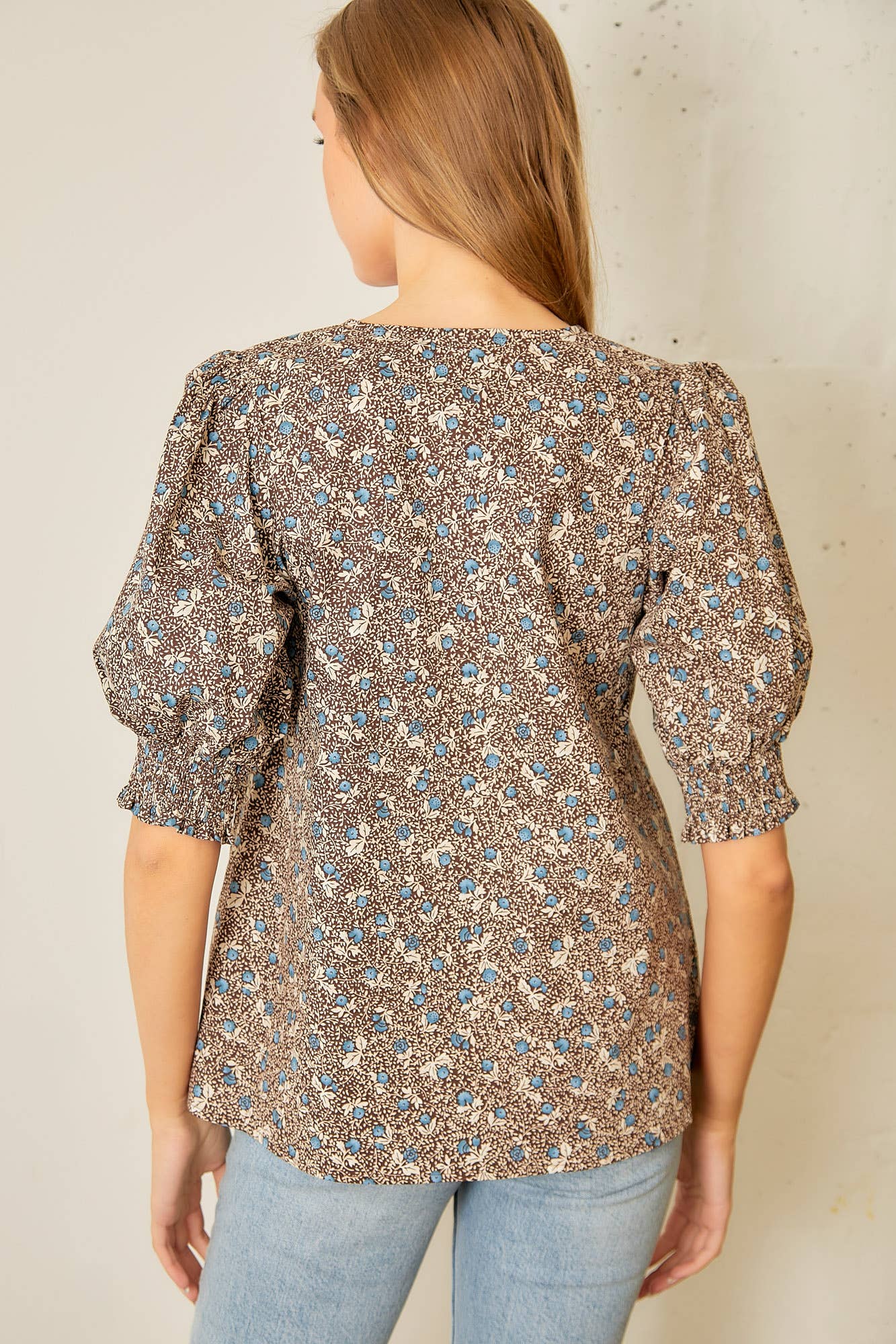 Smocked Sleeve Blouse with Vneck